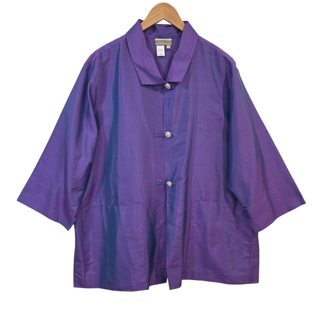 Coldwater Creek Womens Purple 100% Silk Shantung Tunic L Jacket Rhinestone